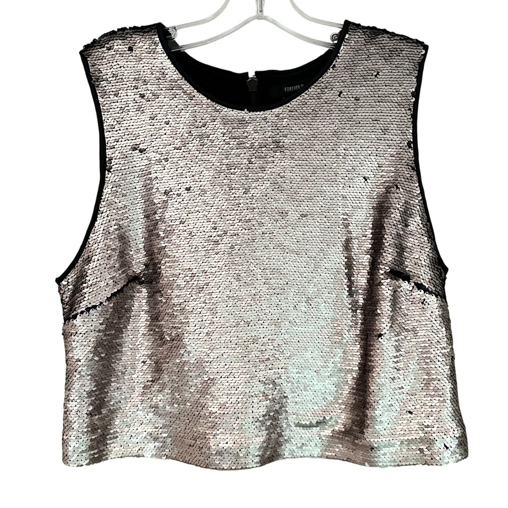 Forever 21 Sequin Cropped Tank Camisole Womens Large Silver Dainty Whimsigoth